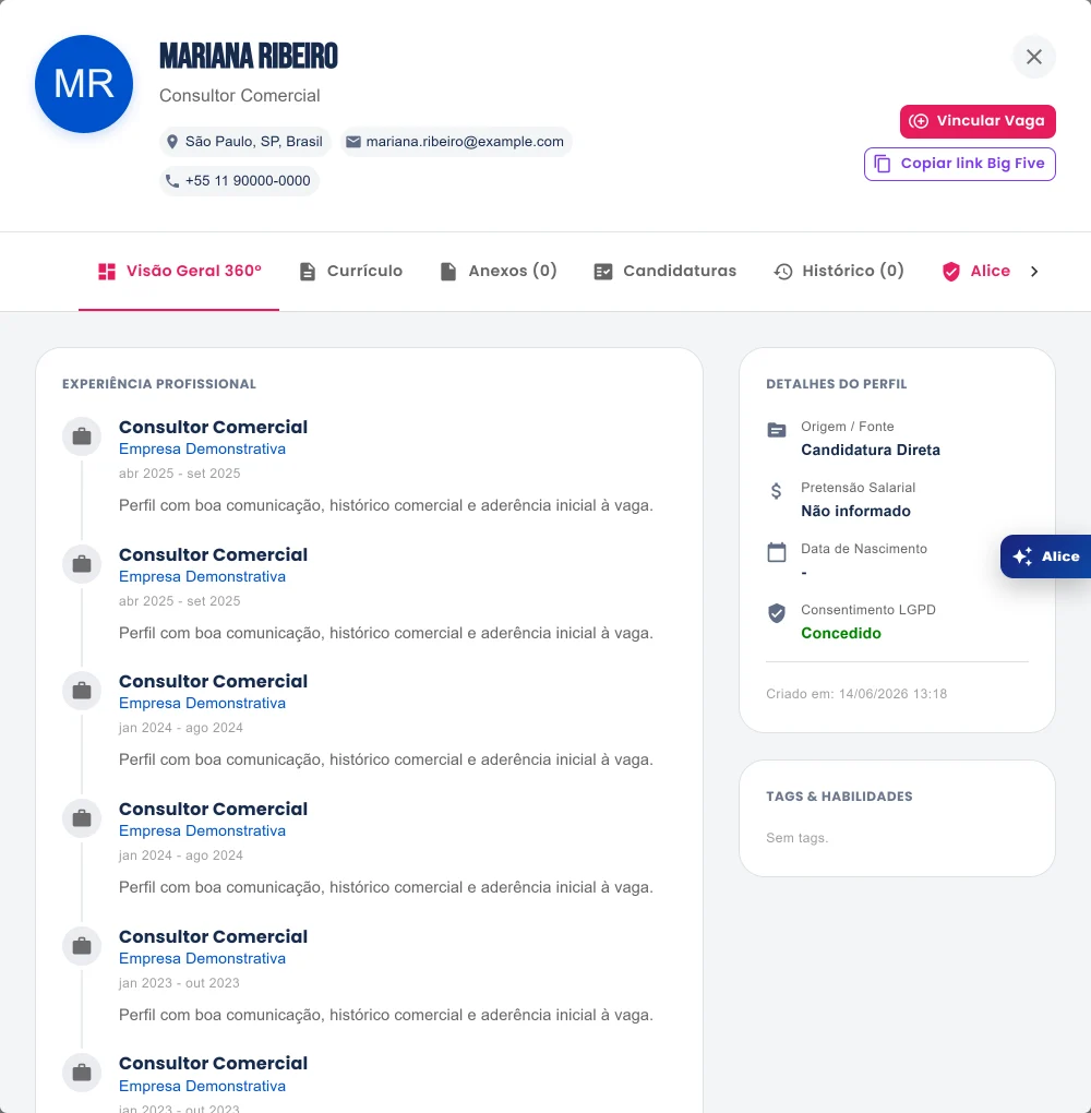 Dossiê 360 do candidato na plataforma Also Hire
